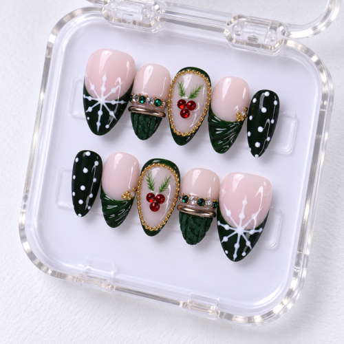 Red Gem-Like Berries, Green and Clear Gem-Like Accents Press on Nails