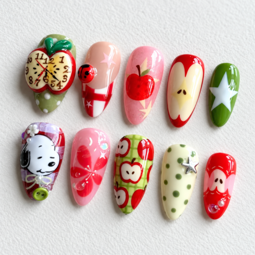 apple-patterned press-on nails