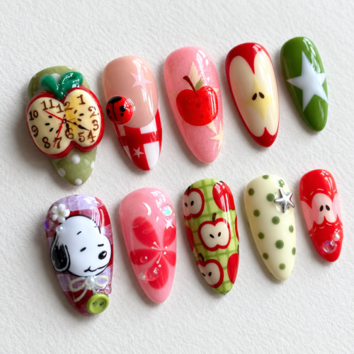 apple-patterned press-on nails