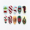 Festive christmas press-on nails with a snowman, jeweled trees, candy stripes, gingerbread and winter floral designs