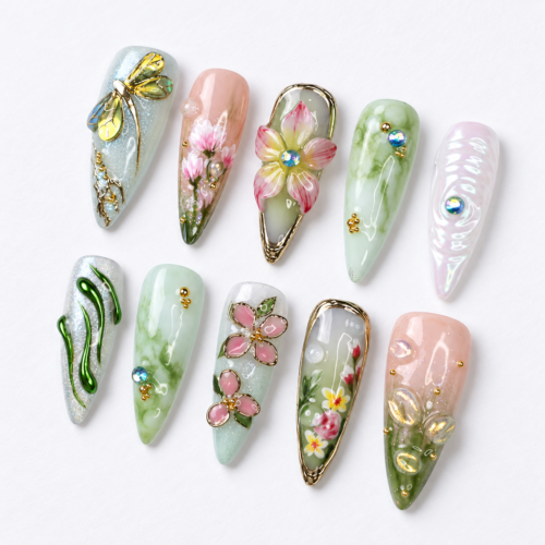 Press on nails with a butterfly, blossoms, leafy details