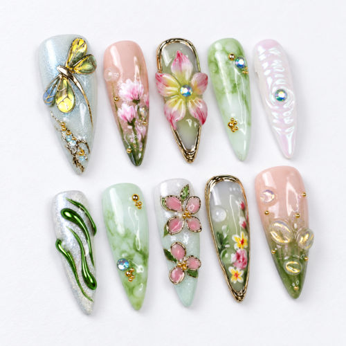 Press on nails with a butterfly, blossoms, leafy details