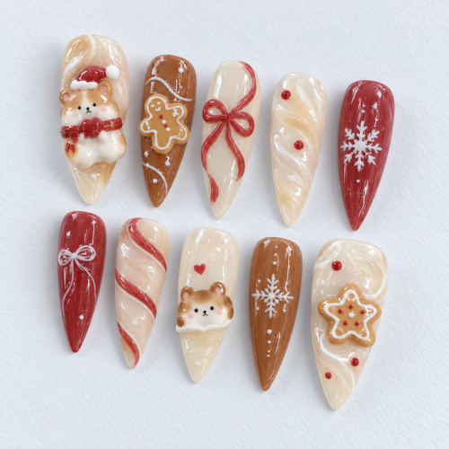 Teddy bears, gingerbread cookies, candy-cane-like swirls, bows, snowflakes and dot accents