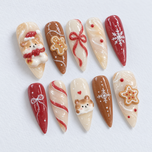 Teddy bears, gingerbread cookies, candy-cane-like swirls, bows, snowflakes and dot accents