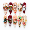 Gingerbread christmas press-on nails with a cookie house, snow globe, festive mug, wreaths, trees and holiday lights