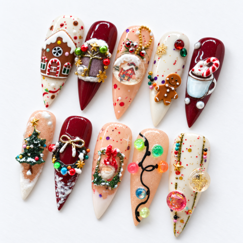 Gingerbread house, gingerbread figure, snow globe press on nails
