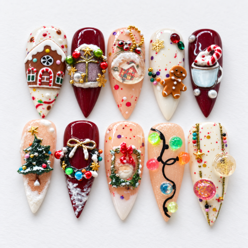 Gingerbread house, gingerbread figure, snow globe press on nails