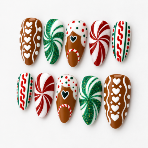 peppermint pinwheels, candy-cane detail press on nails