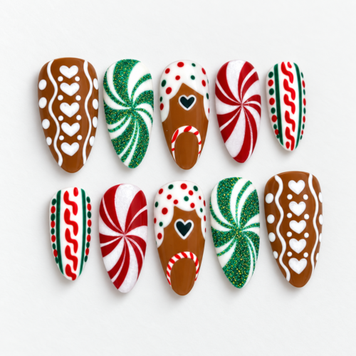 peppermint pinwheels, candy-cane detail press on nails