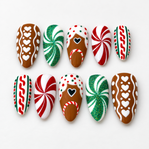 peppermint pinwheels, candy-cane detail press on nails