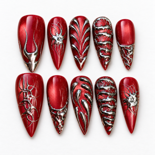 Sculpted metallic lines, raised shapes press on nails