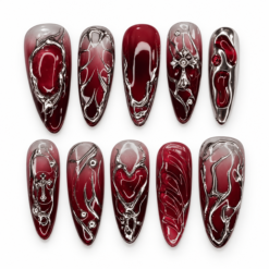 Gothic Silver Filigree Burgundy Press-On Nails