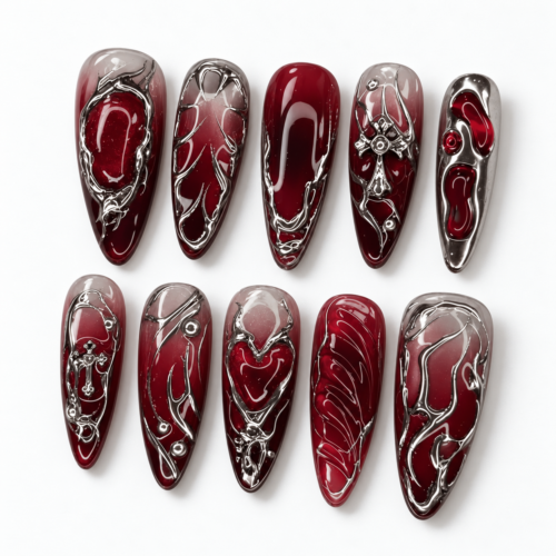 heart motifs and cross-inspired details press on nails