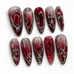 Gothic Silver Filigree Burgundy Press-On Nails