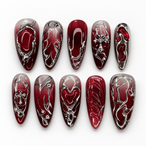 heart motifs and cross-inspired details press on nails