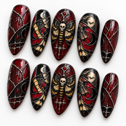 a skull-centered moth, crescent moons, bats, red accents press on nails