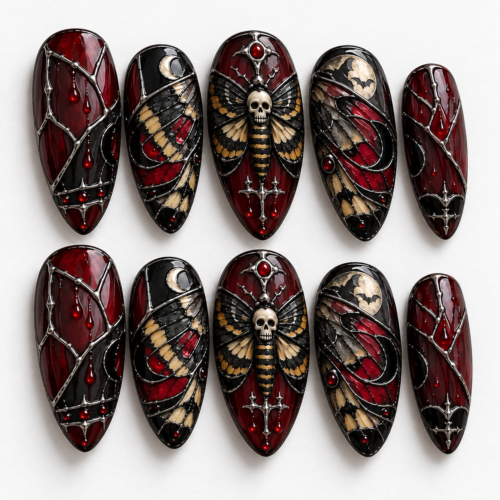 a skull-centered moth, crescent moons, bats, red accents press on nails