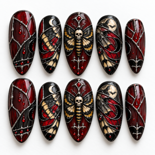a skull-centered moth, crescent moons, bats, red accents press on nails