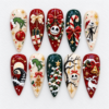 Gothic christmas press-on nails with a green holiday character, stitched skulls, candy canes, gifts and snowy details.