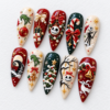 featuring holiday character, stitched skull faces, candy canes press on nails