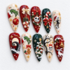 featuring holiday character, stitched skull faces, candy canes press on nails