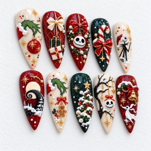 featuring holiday character, stitched skull faces, candy canes press on nails