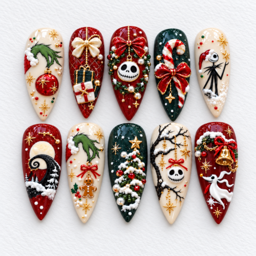 featuring holiday character, stitched skull faces, candy canes press on nails