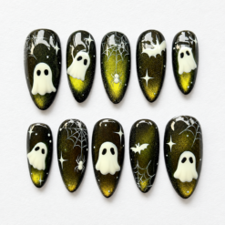 Green ghost press-on nails with black and green glitter, white ghosts, spiderwebs and spider accents