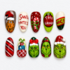 Grumpy green christmas press-on nails with holiday character art, candy canes, presents and festive lettering.