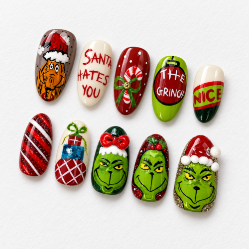 holiday character art, Santa hats, candy canes press on nails