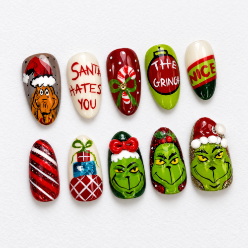holiday character art, Santa hats, candy canes press on nails
