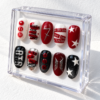 Stars, glitter-speckled patterns, emblem-style graphics, music-themed text and red-and-white name bands