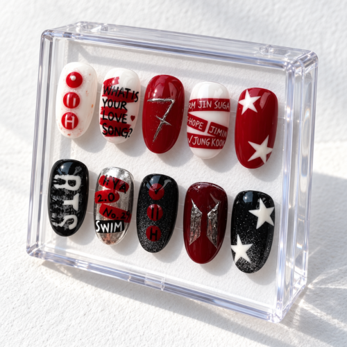 Stars, glitter-speckled patterns, emblem-style graphics, music-themed text and red-and-white name bands