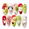 Ten colorful kawaii press-on nails with bunny and character art, fruit-inspired designs, bows, stars and musical notes in pink, cream, yellow, red and green.
