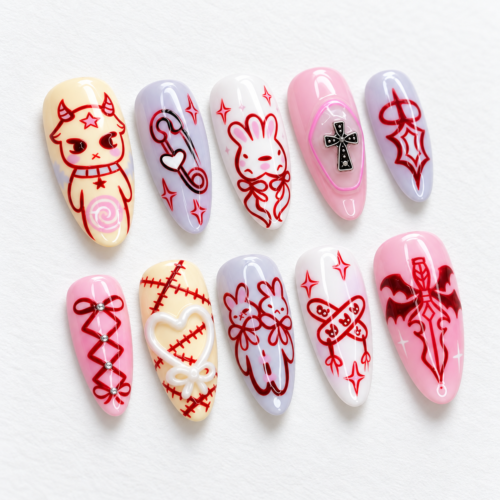 Press-on nails featuring safety pin and stitch designs