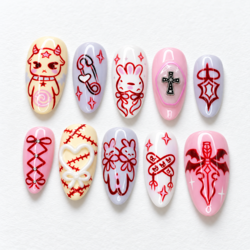 Press-on nails featuring safety pin and stitch designs