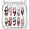 Kawaii plaid press-on nails in pink, gray and mint with cat and bear charms, buttons, bows, stars and polka dots