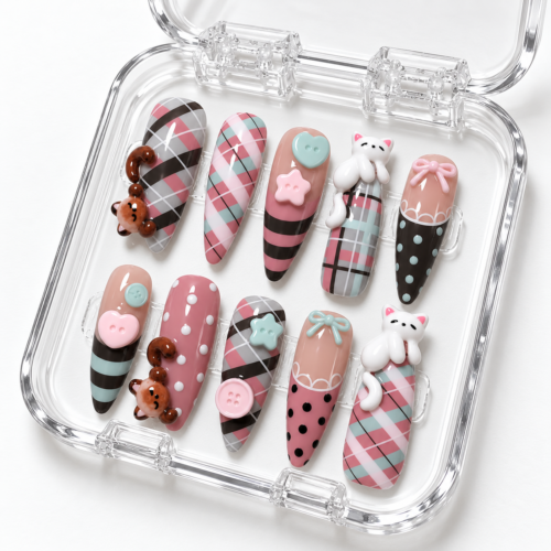 Plaid, cat and bear charms, buttons, bows, stars, stripes and polka dots