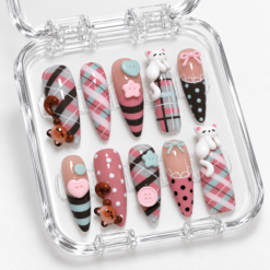 Kawaii Plaid Cat and Bear Press-On Nails