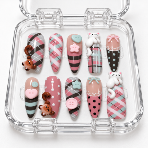 Plaid, cat and bear charms, buttons, bows, stars, stripes and polka dots