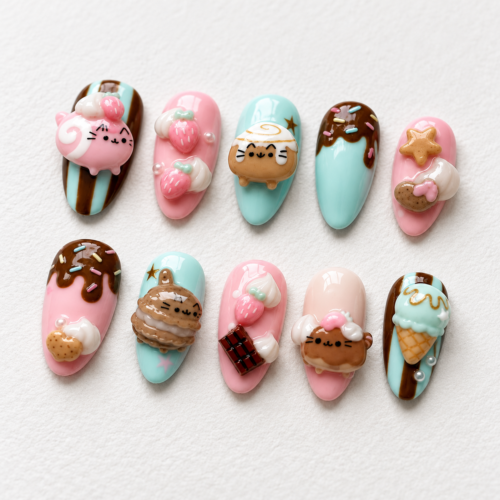 Press-on nails with cute candy and treat designs