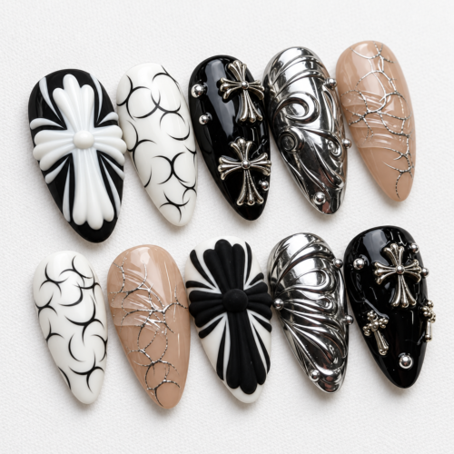 Cross-shaped motifs, bow-like decorations press on nails