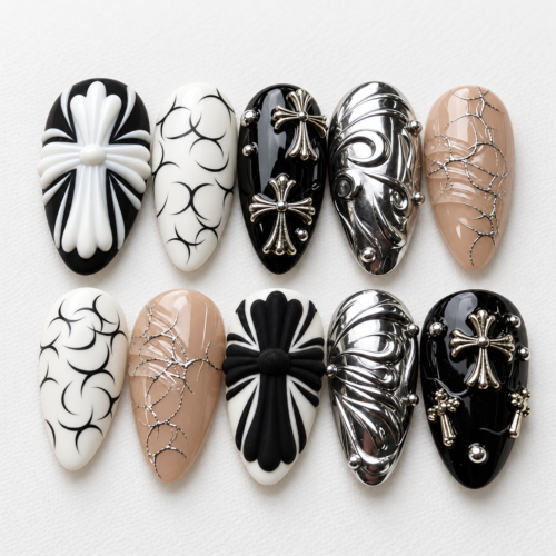 Cross-shaped motifs, bow-like decorations press on nails