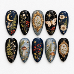 Moonlit botanical press-on nails with ferns, mushrooms, wildflowers, berries, butterflies and a crescent moon.