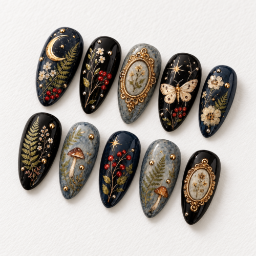 mushrooms, a butterfly, a crescent moon press on nails