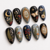 mushrooms, a butterfly, a crescent moon press on nails