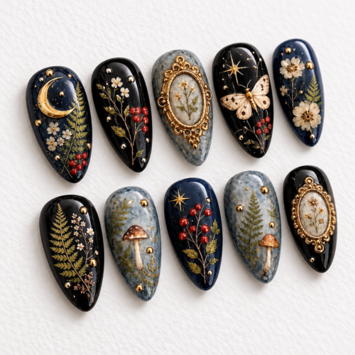 mushrooms, a butterfly, a crescent moon press on nails