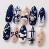 ribbon bows, snowy trees, knit-like textures press on nails
