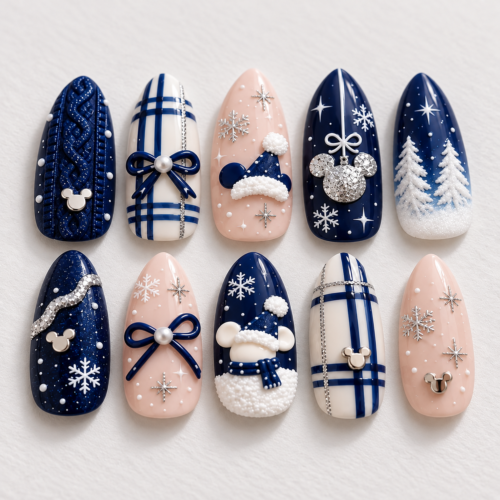 ribbon bows, snowy trees, knit-like textures press on nails