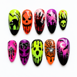 Neon Halloween press-on nails in lime, orange, pink and purple with cats, pumpkins, ghosts, bats, webs and dripping details
